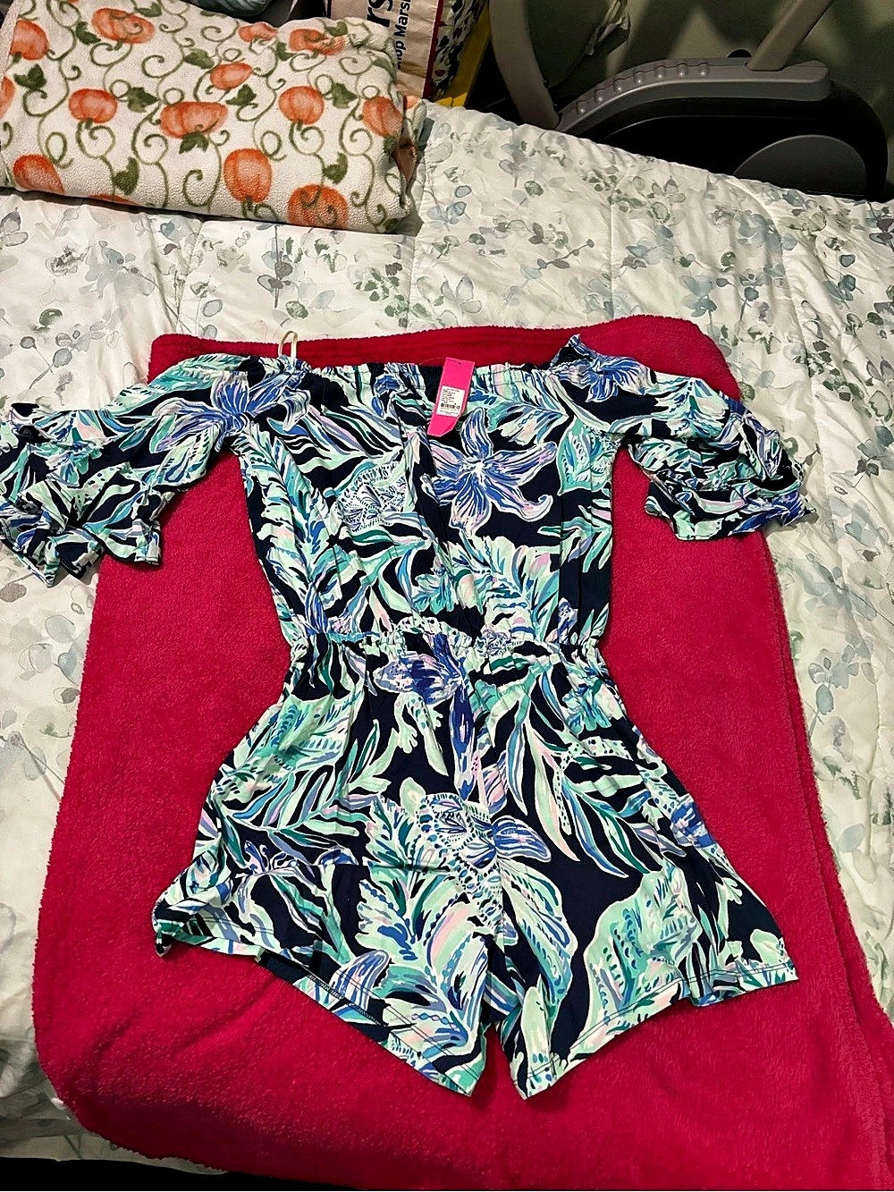 Lilly Pulitzer Calla Off-The-Shoulder Romper Floral Romper Blue & Green - Size M